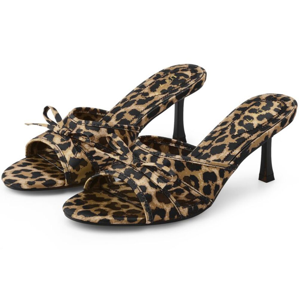 Bow Heels Slip on Stiletto Heel Satin Sandals Leopard